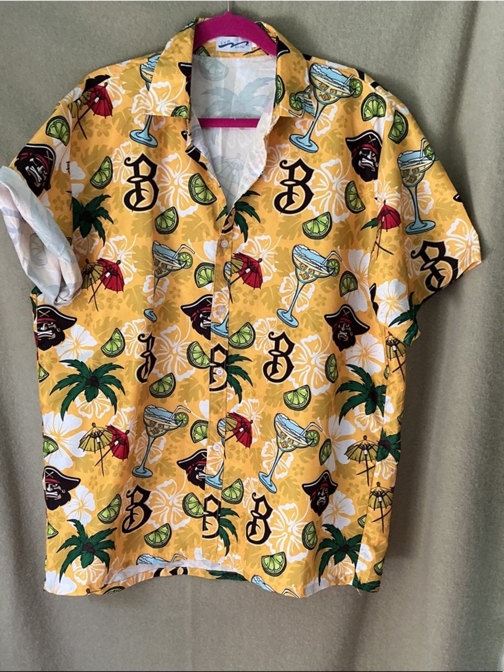 Global Win Yellow Tropical Cocktail & Pirate Print Button-Down Shirt